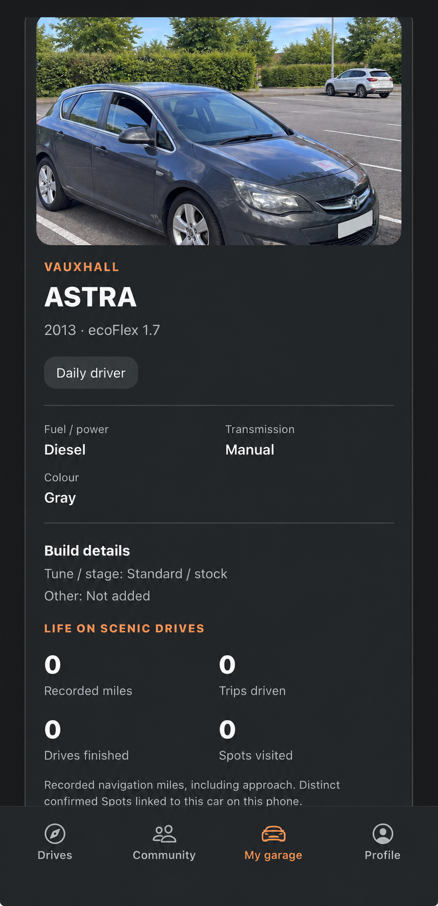 Your Garage with a vehicle, build details and journey statistics
